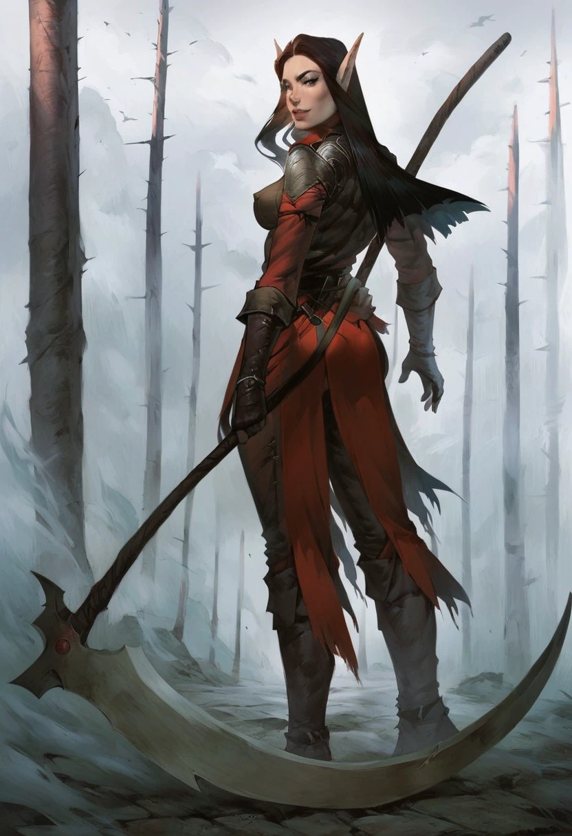 JaethalPathfinder,1girl,solo,elf,pointy ears,pale skin,long hair,black hair,weapon,war scythe,gloves,belt,large breast,lips,boots,pauldrons,pants,shirt,vest,black eyes,
,seductive pose,sexy pose,ruins,dat ass,
score_9, score_8_up, score_7_up, beautiful aesthetic, very intricate, high quality details,vibrant, highly detailed, award-winning, professional,anime artwork, anime style, studio anime, athletic, toned female,muscular milf,curvy body, athletic girl,fit girl, perky tits,huge breast,perfect tits, round breasts, nipple outline,looking at viewer, pinup pose,teasing, dynamic lighting, cinematic, smug, better than you, aura of temptation, highly detailed, high resolution, masterpiece, detailed clother, detailed background, highly detailed, ((sound effects)) comic layout,