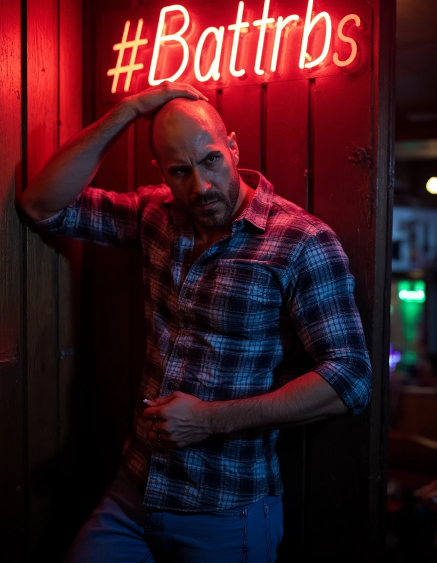 c35ar0 This is a photograph of a handsome muscular man leaning on a wall in a dive bar, below a neon sign. He is bald with a beard. He is wearing a button up plaid shirt and tight blue jeans. He has one hand in his pocket and the other hand on the back of his head. He has a lit cigarette in his mouth. His facial expression is a confident smirk. He is looking at you. The wall is wooden and the neon sign is illuminating his skin. The dive bar is dark so the neon lighting is exaggerated on his skin.  Depth of field, 4k, highly detailed, clear focus, high resolution, photograph <lora:flux_realism_lora:0.7> <lora:Cesaro_WWE_FLUX_r1:1>