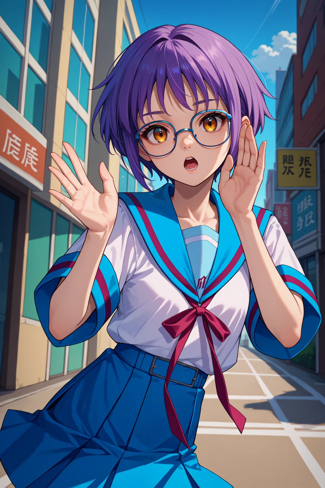 score_9, score_8_up, score_7_up, score_6_up, source_anime, 1girl, solo,  <lora:nagatoyuki-pdxl-nvwls-v1-000005:1> yukinagato, purple hair, short hair, amber eyes, short sleeves, blue sailor collar, white shirt, neck ribbon, pleated skirt, blue skirt, looking at you, open mouth, glasses, hands up, blue sky, city