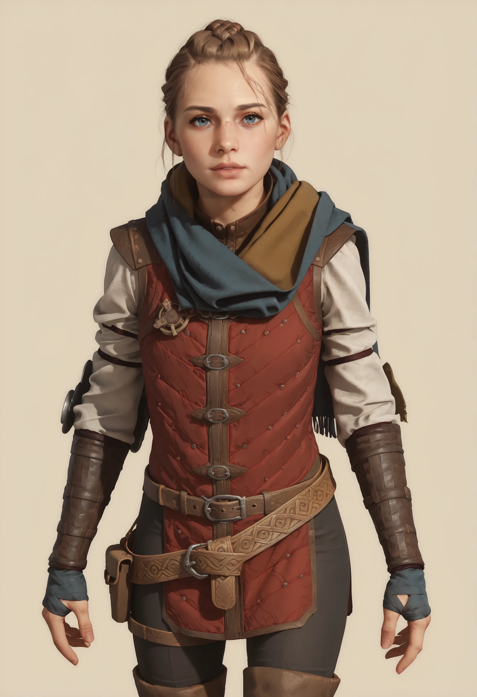 score_9, score_8_up, score_7_up, score_6_up, score_5_up, score_4_up, <lora:AmiciaPTR:0.75> 1girl, brown hair, blue eyes, long hair, braid, lips, armor, gloves, belt, scarf, boots, full body, standing, looking at viewer, 
light blue background, simple background,