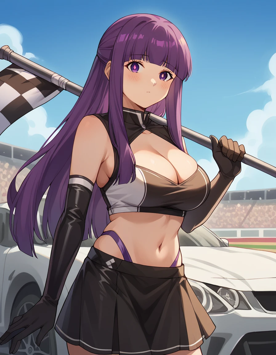 score_9, score_8_up, score_7_up, source_anime, <lora:fern-s1-ponyxl-lora-nochekaiser:1>, fern, long hair, bangs, purple eyes, purple hair, sidelocks, blunt bangs, bright pupils, half updo, large breasts, <lora:race-queen-ponyxl-lora-nochekaiser:1>, race queen, checkered flag, flag, gloves, cleavage, skirt, navel, black gloves, holding flag, elbow gloves, highleg,, blush, blue sky, audience, on car, motor vehicle, sports car,, looking at viewer