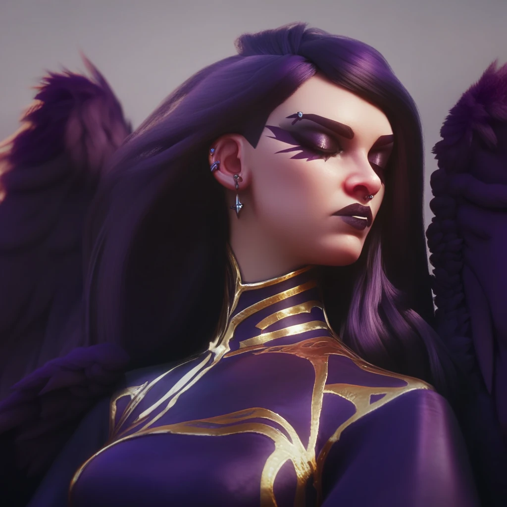 score_9, score_8_up, score_7_up, portrait, beautiful, <lora:Stilllllllll:1> morgstillhere, Purple hair, goth, goth girl, angel, Purple wings, 4 wings