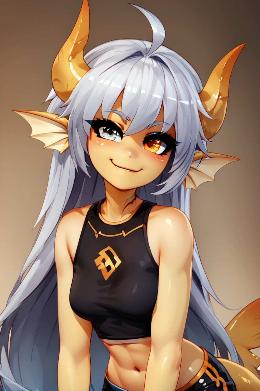 score_9, score_8_up, score_8, medium breasts, (curvy), cute, eyelashes,       BREAK, , ,,,  zzYT, heterochromia, grey eyes, orange eyes, long hair, horns, ahoge, grey hair, head fins, very long hair, colored sclera, monster girl, colored skin, black crop top, black shorts,  <lora:YellowTang_PDXL:1.0>,   ,,, , BREAK, looking at viewer, ,,, smile, waving, upper body, leaning forward, head tilt, ,,, embedding:zPDXL, Expressiveh, ,,, <lora:CatalystStylePDXL:0.6>, <lora:SDXLFaeTastic2400:0.5>, <lora:Expressive_H-000001:0.4>,