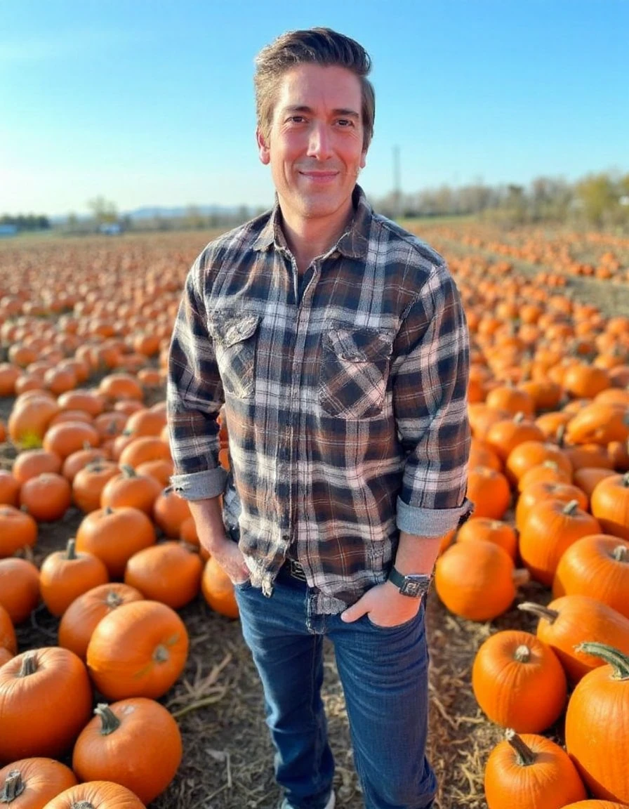 d4v1dmu1r This is a photograph of a handsome man standing in a pumpkin patch. He has styled brown hair and a 5 o clock shadow. He is wearing a plaid button up shirt and tight blue jeans. He is looking at you. He is smiling. The pumpkin patch is a beautiful sight as it is a crisp winter day. The sky is blue with no clouds in sight.  4k, highly detailed, clear focus, high resolution, photograph <lora:flux_realism_lora:0.7>  <lora:David_Muir_FLUX:1>