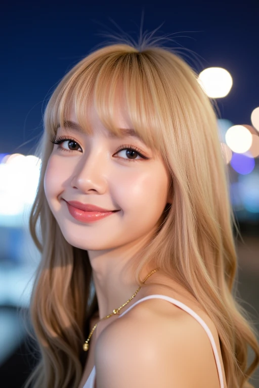 (close up shot), beautiful korean woman with natural makeup, natural lips, wavy platinum blonde hair, wearing sundress, city at night background, natural lighting, dslr, soft lighting, high quality, film grain, light reflections, blood vessels, pale skin, skin pores, blood vessels in sclera, detailed skin, skin fuzz, smile, bokeh, (no watermark). <lora:Tissue_Lisa_Flux_v1.0-LowRep:1>