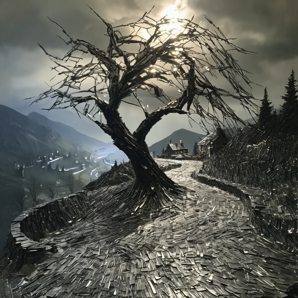 franglamex  professional photolandscape, an old crooked tree in the background, a path, a village and mountains made of metal, high details and very detailed, cinematic, professional light<lora:franglamex:1>