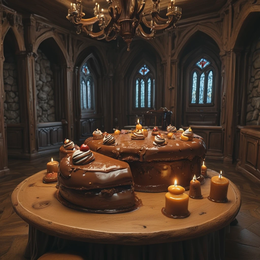 <lora:Chocoslime_DX_V8b_-_CyberRealistic_Pony:1>,score_9, score_8_up, score_7_up, beautyful color, aesthetic, chocoslime, a big chocolate cake in a medieval restaurant, wooden tables, big candles, restaurant, medieval, big cake, symmetrical, centered, realistic, (big chocolate cake:1.2)