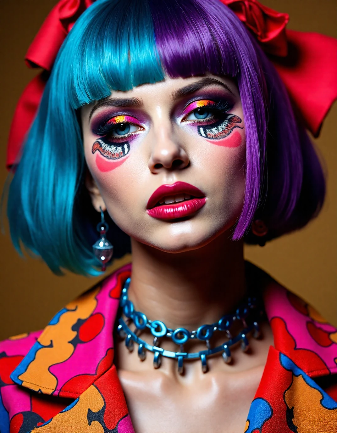 (best quality, 4K, 8K, high-resolution, masterpiece), ultra-detailed, photorealistic, striking young woman, bold Neo-Gothic makeup, bold Neo-Gothic hair, vibrant Pop Art inspired outfit, intricate facial designs, modern fashion, high fashion, vibrant colors