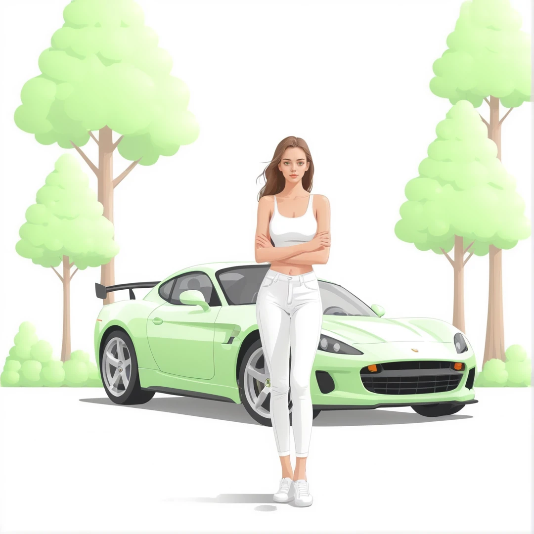 light vector, sports car, green trees, female model is standing next to,  <lora:light vector:1>