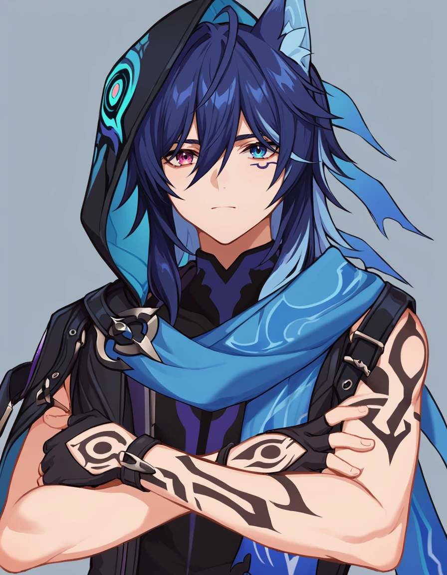 [(SKYBLUE BACKGROUND:1.5),::5], ((((masterpiece)))), high quality, ultra very high resolution, full color, (((solo))), (( boy)), oriental deepBlue hair, (oriental deepblue eyes), anime, ((upper body)), neon light, black parka, 