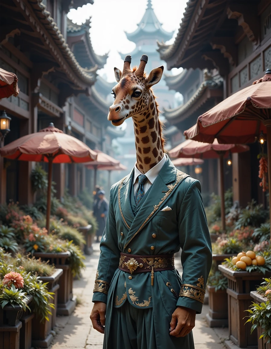 This is a surrealistic realistic photography with a Chinese style characterized by Confucianism and Taoism elegance. A realistic photograph captures an anthropomorphic giraffe in traditional Chinese Yuan Dynasty merchant's attire, in a lively marketplace, its towering height providing a view of the bustling activity below. ,<lora:animan_V2.0_sampson:1> ,animanflux, <lora:asian_fok_F1_v2.0:1>