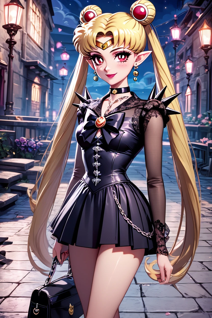 score_9, score_8_up, score_8, medium breasts, (curvy), cute, eyelashes,       BREAK, ,  ,,, <lora:CruelMoon_PDXL:0.8>, zzCruelMoon, long hair, twintails, tsukino usagi, blonde hair, jewelry, hair bun, double bun, sailor moon, very long hair, choker, chain, spikes, gothic, parted bangs, red eyes,  earrings, dress, makeup, holding, necklace, lipstick, black dress, pointy ears, night, ,,, , BREAK, closed mouth, alternate costume, smile, looking at viewer, collared shirt, blush, sweater, black skirt, eyelashes, long sleeves, sleeves past wrists, plaid skirt, shoulder bag, black bag, blurry, tile floor, pleated skirt, white shirt, cowboy shot, ,,, embedding:zPDXL, Expressiveh, ,,, <lora:Vivid:0.7>, <lora:Uncensored_PonyXL_cpt_v02.09:0.4>, <lora:Expressive_H-000001:0.4>,