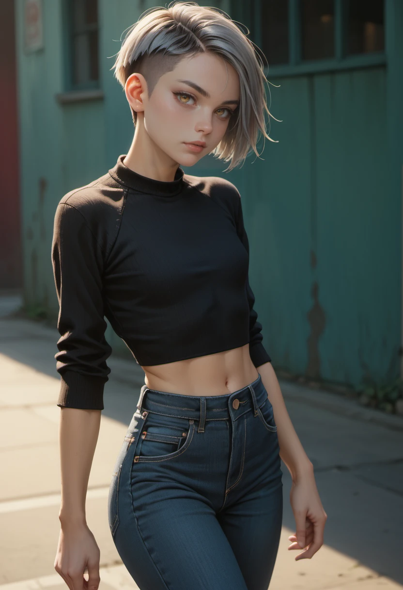 score_9, score_8_up, score_7_up,
highly detailed face,
1girl, Solo,
Gold eyes,Gray hair,Emo cut,Slender,flat chest,Cropped Sweater, High-Waisted Jeans,