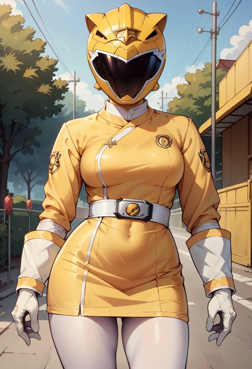 score_9, score_8_up, score_7_up, score_6_up, 1girl, yellow eagle themed ssentai helmet, black visor, yellow ssentai bodysuit, medium breasts, white gloves, posing, white ssentai belt, yellow ssentai skirt, ssentai thighhighs, white leggings, portrait, in parking lot,  Style-DoF, hands