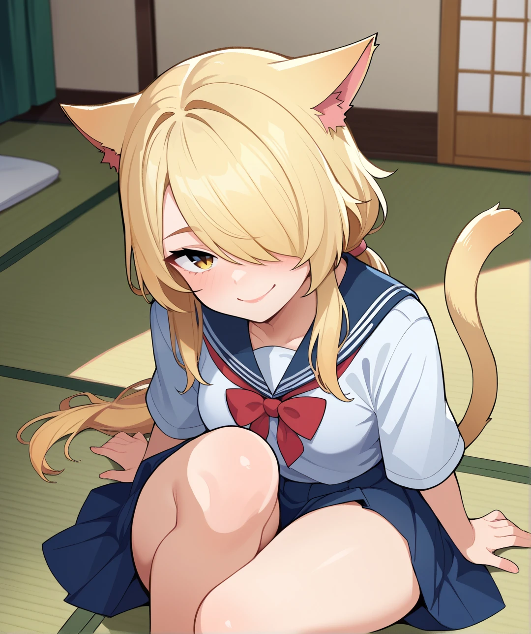 score_9, score_8_up, score_7_up, score_6_up, source_anime,bedroom, indoors,east asian architecture, tatami,
BREAK
1girl,miqo'te, cat tail, cat ears, seductive smile, blonde hair, long hair, low ponytail, looking at viewer,school uniform,sitting, hair over one eye, yellow eyes, wariza,
<lora:maidcousin_ponyxl-fandango:0.8>