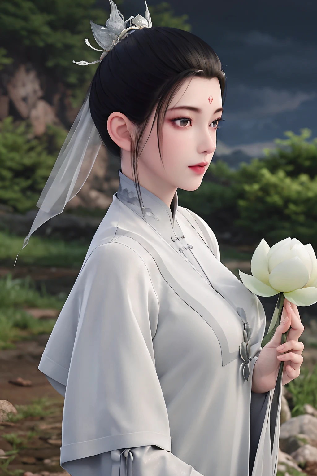 best quality,highres,realistic,absurdres,masterpiece,4k,perfect hands,looking at viewer,
<lora:è´ºå°åè¿åç_v1.0:0.7>,1girl,black hair,blurry background,chinese clothes,forehead,holding,holding flower,holding food,jewelry,outdoors,photo background,upper body,shiny clothes,satin dress,dark,(night:1.1),star \(sky\),from side,