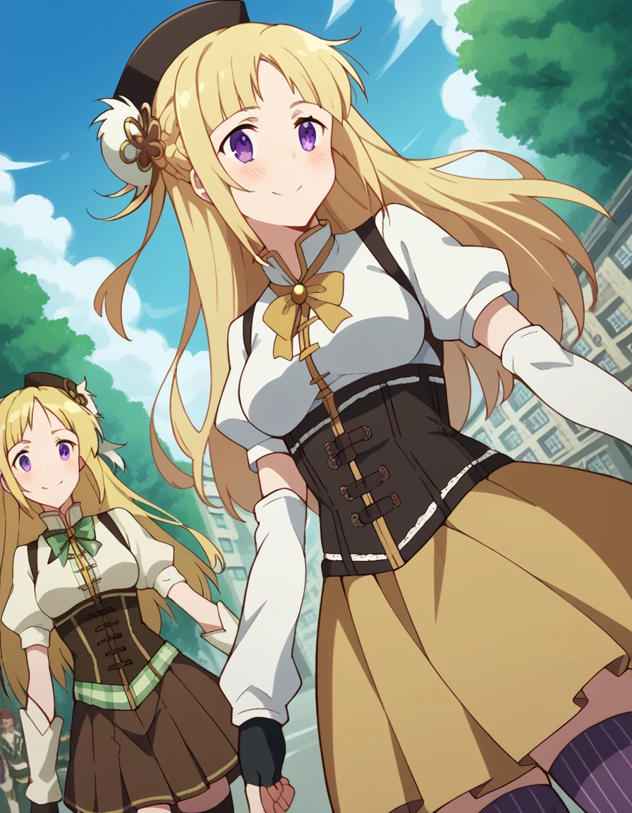 score_9, score_8_up, score_7_up, source_anime, <lora:ortfine-fredericka-von-eylstadt-s1-ponyxl-lora-nochekaiser:1>, ortfine fredericka von eylstadt, long hair, blonde hair, purple eyes, braid, hair bun, single hair bun, medium breasts,, <lora:mami-tomoe-cosplay-ponyxl-lora-nochekaiser:1>, mamitomoecosplay, tomoe mami (cosplay), black gloves, black headwear, black thighhighs, brown skirt, detached sleeves, fingerless gloves, gloves, magical girl, pleated skirt, puffy short sleeves, short sleeves, skirt, corset, striped clothes, striped thighhighs, white shirt, white sleeves, ribbon,, outdoors, street, smile, blush, , dutch angle,