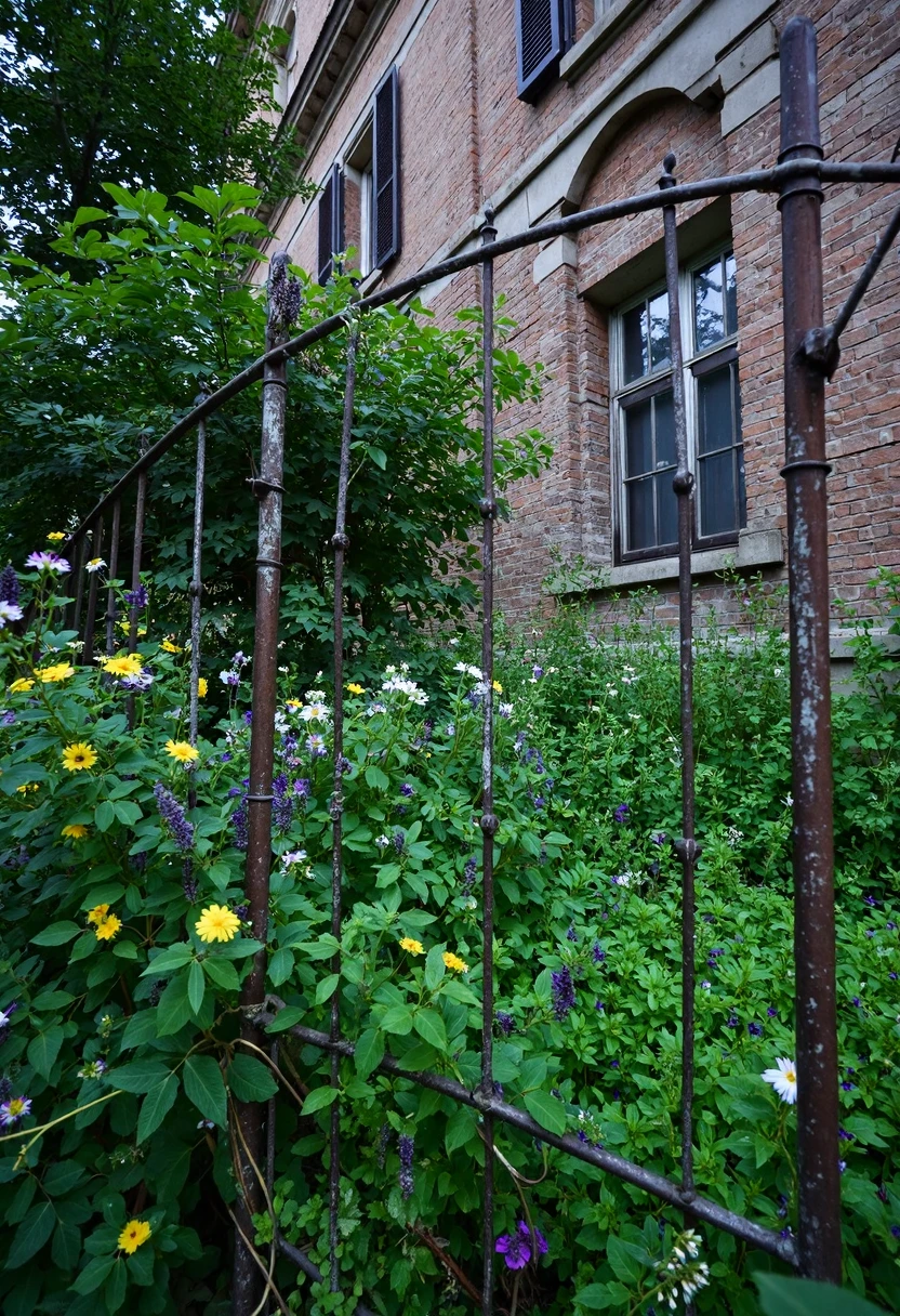 An overgrown garden enclosed by a wrought iron gate, surrounded by dense green foliage, wildflowers in varying colors populate the garden, including yellows, whites, purples, and blues. A brick building forms the backdrop, with shuttered windows and a worn, aged look. The gate is partially open, allowing a glimpse of the lush, untamed growth within. Leaves and branches intertwine with the iron bars, creating a sense of neglected beauty. The image appears dimly lit, with a slight haze, amateurish quality, and blurred details, suggesting an overcast or early morning light