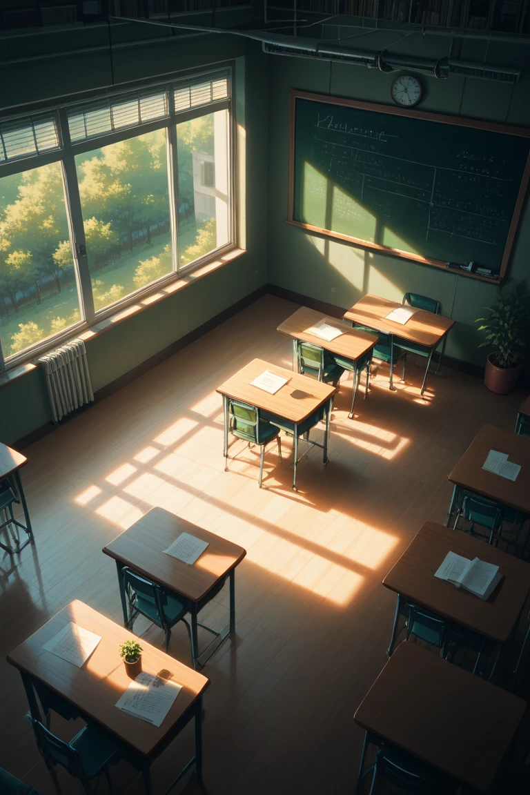 score_9, score_8_up, score_7_up, source_anime, rating_safe, night, dark, natural lighting, classroom focus, CandiCLASSROOM, from above, negative space, scenery, intricately detailed illustration, depth of field, atmospheric perspective, green theme