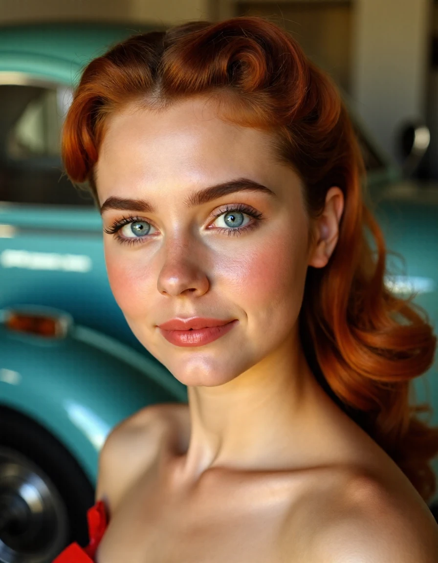 RAW photo, masterpiece, photorealistic, 8k, stunning blue eyes, skin detail, skin pores, blemishes.
Photo of a cinderella, 1940s hairstyle, raised eyebrow, slight smile, in a garage with old cars, 1950s pinup aesthetic.