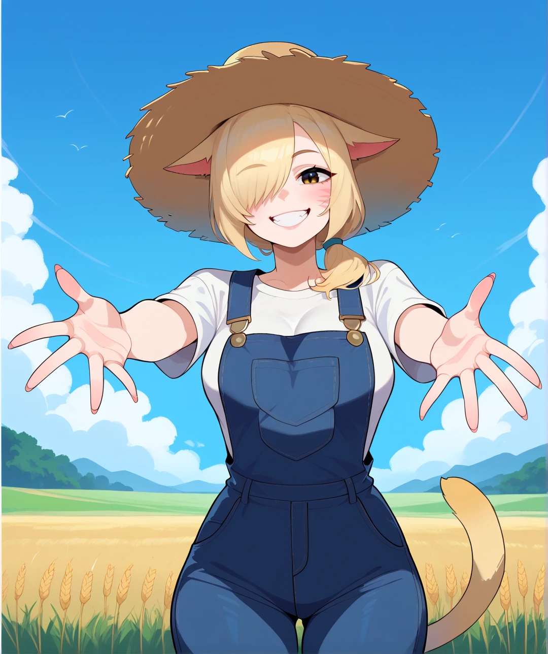 score_9, score_8_up, score_7_up, score_6_up, source_anime,
BREAK
1girl,miqo'te,cat tail,cat ears,blonde hair,long hair,low ponytail,hair over one eye,yellow eyes,large breasts,overalls, slight smile, straw hat, wheat field, looking at the viewer, outstretched arms, happy
 <lora:maidcousin_ponyxl-fandango:0.8>