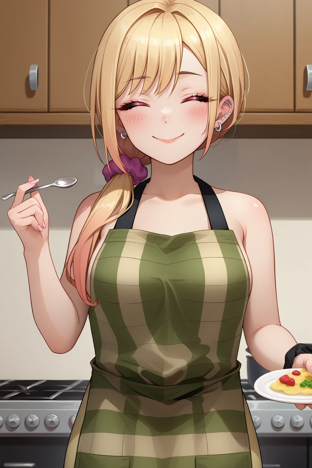 (score_9,score_8_up,score_7_up),1woman,solo,source_anime,mature,big sister,middle age,blonde hair,green eyes,wide hips, large breasts,looking at viewer, warm smile, warm expression, holding a plate of omelette, tank top, shorts, white background, simple background