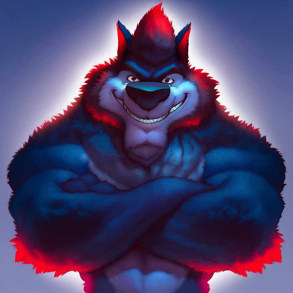 score_9, score_8_up, score_8, furry, Flasheart, werewolf, dark blue fur, red highlights, cartoon style, 2d, muscular male, huge pecs, solo, upper body focus, face close up, arms crossed, grin, looking at viewer, night sky background