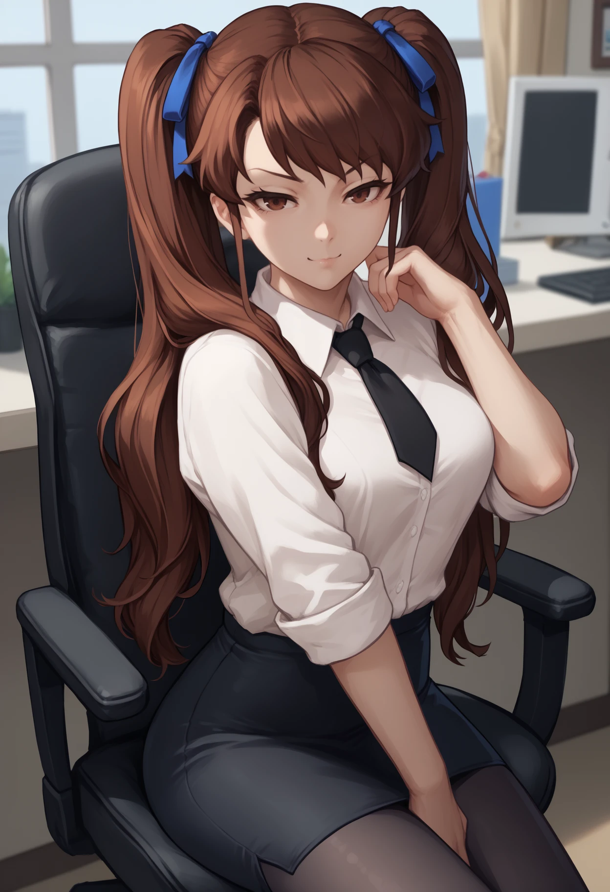 score_9, score_8_up, score_7_up, <break> solo, 1girl, akazawa izumi, smug, looking at you, sitting, swivel chair, brown hair, twintails, hair ribbon, blue ribbon, brown eyes, white shirt, collared shirt, black necktie, sleeves rolled up, black skirt, pencil skirt, black pantyhose, indoors, office
<segment:yolo-face_yolov8m.pt,0.4,0.5//cid=1>