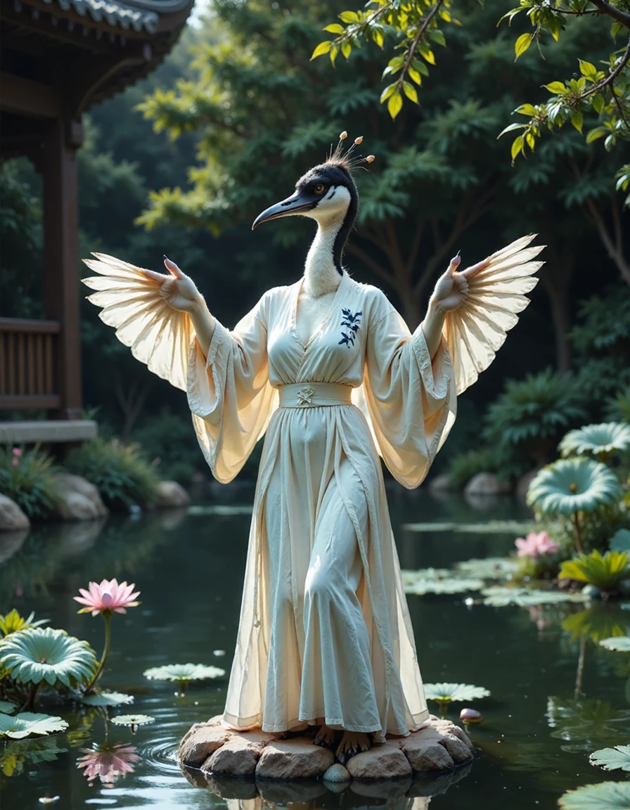 animanflux,This is a surrealistic realistic photography,in traditional Chinese attire, Tang dynasty, An anthropomorphized crane is gracefully stretching its wings in the Lake Pavilion of a classical Chinese garden. The garden is centered on water, surrounded by rockeries, pavilions, flowers and trees, forming a harmonious natural picture. The crane's eyes were clear and serene, with a faint smile on its face, as if it was admiring the beauty of its surroundings. It is wearing a white robe embroidered with cloud patterns and cranes flying, showing an extraordinary temperament, and the hem of the robe swings gently with its movements, as if echoing the breeze in the garden. In the garden, lotus flowers are in full bloom and the crane's robe swings gently with the wind, filling the whole scene with tranquility and harmony. The sunlight through the branches of the willow tree sprinkled on the crane, forming a dappled light effect, while the soft feathers of the crane and the hard rock form a contrast in texture, the embroidered flowers on the robe and the lotus in the pond show the details of the delicate texture of the picture, the whole scene is like a quiet painting of the classical Chinese garden., <lora:asian_fok_F1_v2.0:1> ,<lora:animan_V2.0_sampson:1>