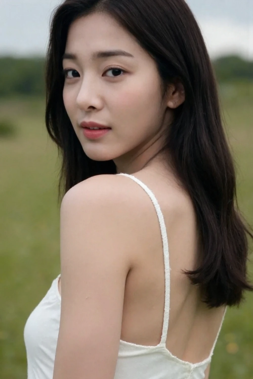 The image shows a young woman. She is looking over her shoulder at the camera, giving a gentle and slightly curious expression. Her hair is long,and loose, cascading naturally down her back and shoulders.
She is wearing a backless top or dress that is held up by thin, delicate straps. The back of the outfit is very open, revealing most of her back. The fabric of the outfit drapes loosely, creating a soft and relaxed look. Her skin appears smooth and her posture is slightly turned, giving a subtle sense of movement or grace. The overall atmosphere of the image is calm and intimate, focusing on the woman's natural beauty and the softness of the moment., <lora:flux_realism_lora:1>,  <lora:makinaflux_seolinah_v1.0:1>, outdoor, smiling