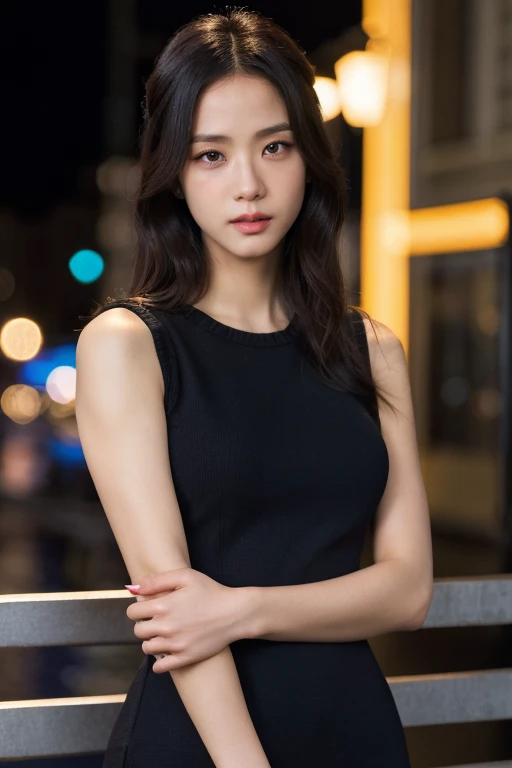 masterpiece, best quality, ultra-detailed, ultra high res, (photorealistic:1.4), raw photo, (realistic:0.2), 8k HDR, realistic lighting, 1girl, solo, (asian:0.2), asymmetrical hair, outdoor, night, (simple background:1.4), bokeh, (detailed lips), (detailed pores), (detailed skin textures), (detailed face:1.2), (upper body:1.2), a woman in a black sleeveless dress, promotional image, a character portrait,