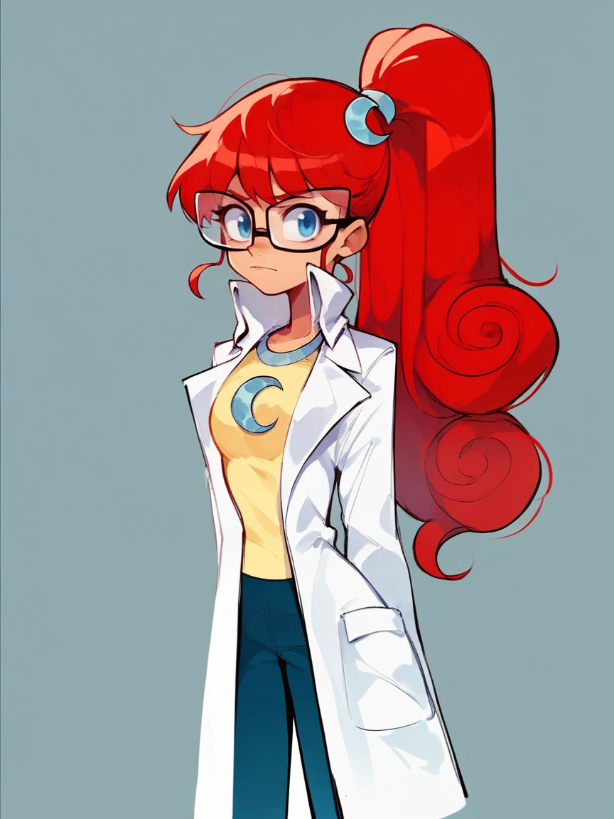 score_9, score_8_up, score_7_up, score_6_up, score_5_up,  <lora:SusanMarytestXLP:1> jt, labcoat, glasses, red hair, long hair, 1girl, mary test, blue eyes, crescent, ponytail,