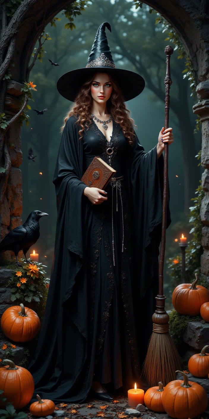 The professional portrait photo of a Witch, black cloak with silver threads, pointed hat, curly brown hair, green eyes,silver circlet with gemstones, holding staff and leather-bound tome, surrounded by autumnal pumpkins, broomstick leaning against a stone wall, a majestic black raven perched nearby, set amidst a dark and foreboding background of ancient, gnarled trees, candles flickering on the ground, casting eerie shadows, bats flying overhead, magical aura, mystique, wisdom, ancient knowledge, mysterious energy, enchanting presence.