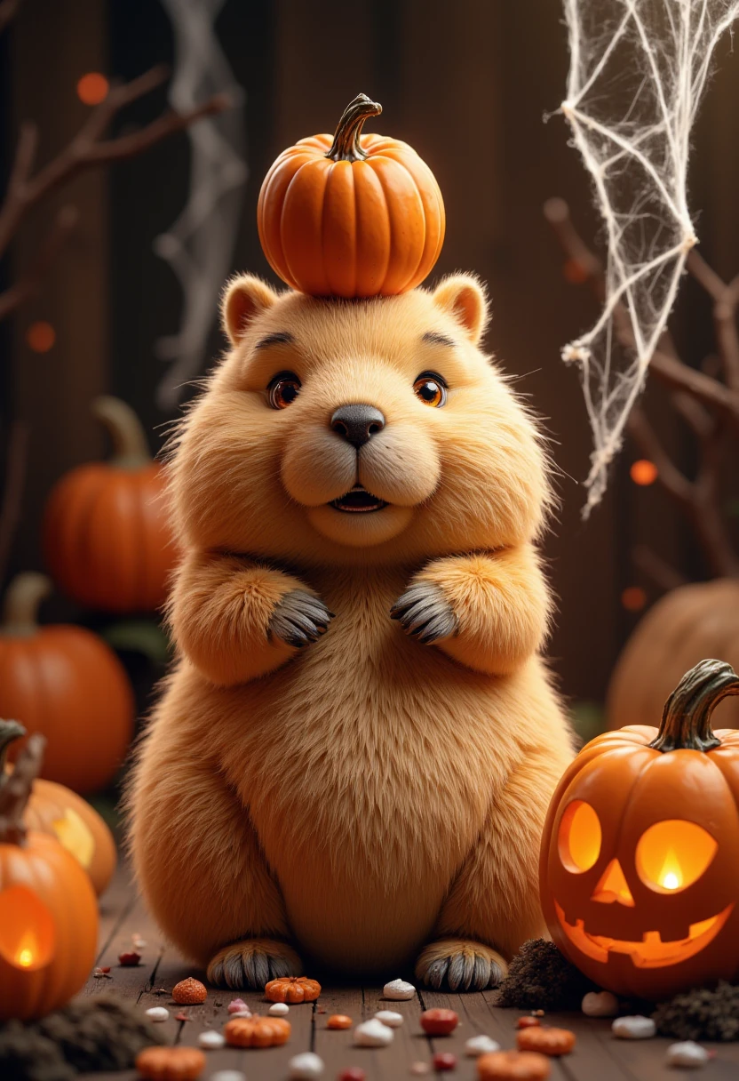 In a cozy Halloween setting, an adorably chubby and fluffy capybara plush toy is caught in a playful struggle as it tries to balance a small pumpkin on its head. The plush toy's soft, round body and oversized, fluffy fur give it an irresistibly cute appearance, as it tilts its head and stretches its tiny paws in an attempt to keep the pumpkin from sliding off. The pumpkin, slightly too large for its head, adds to the comical and endearing moment. Surrounding the capybara are classic Halloween decorations—carved jack-o'-lanterns with flickering candlelight, scattered candy, and cobwebs hanging in the background, all contributing to the festive, yet playful atmosphere. The scene captures the innocent charm and cuteness of the capybara, making it the perfect centerpiece in this Halloween-themed moment.