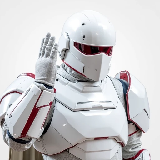 An image of a futuristic scifi warrior wearing white shiny scifi armor with a white helmet. The armor trim is red, and his eye visor is also red. He is saluting by holding his fist straight up to his chest.