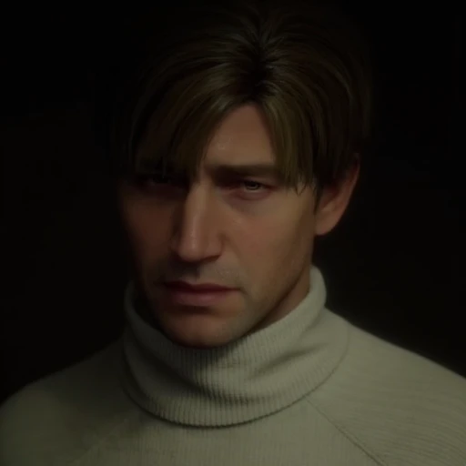 cream-colored turtleneck sweater, light brown hair with bangs. Her expression is neutral, intense expression., which appears to be made of a soft, realistic CGI rendering of a man in a dark, suggesting warmth and comfort., The image is a high-quality digital rendering of a close-up portrait of a man with a serious expression. The subject, with a slight sheen