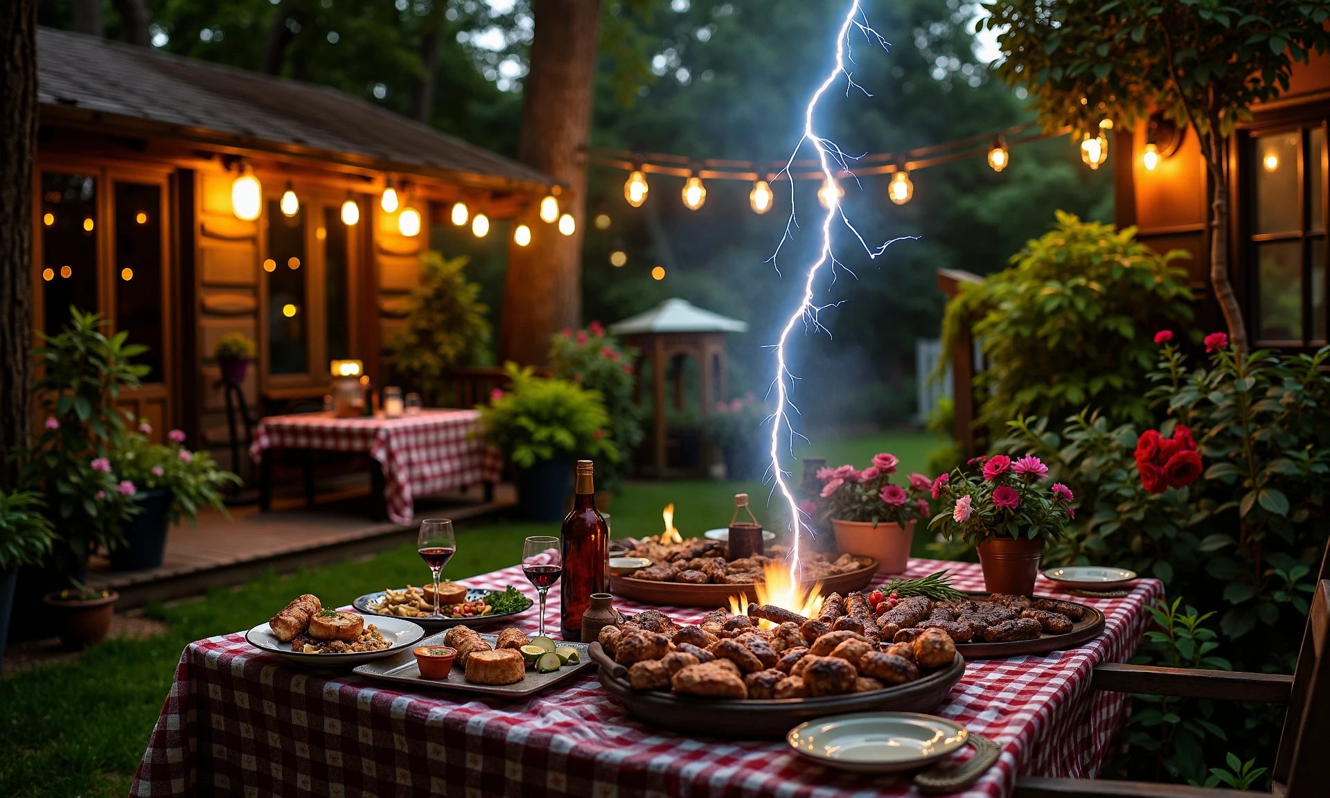 LIGHTNING, a bbq party in a garden at summer, cozy atmosphere