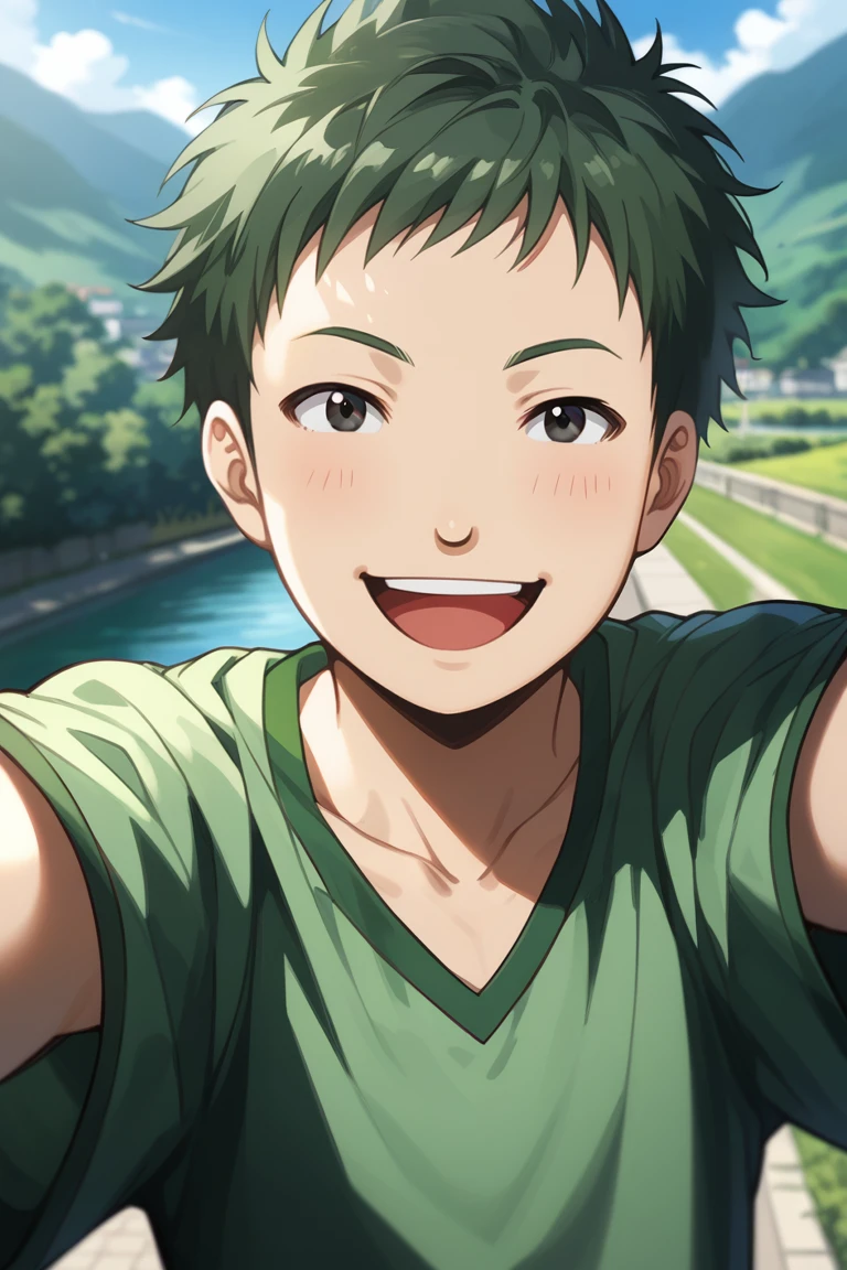 score_9, score_8_up, score_7_up, source_anime, rating_safe, day, natural lighting, male focus, selfie, outstretched arms, JusticeAC, black_Kimura_eyes, green_Kimura_hair, oversized arms, wide smile, open mouth, happy, collarbone, 1boy, from above, intricately detailed illustration, depth of field, atmospheric perspective, scenery