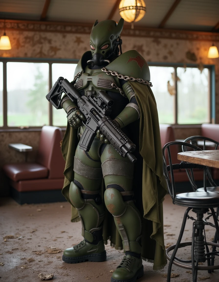 a soldier wearing Midwest power armor standing in a ruined diner. she has a long olive drab cloak around her shoulders, and is holding a large machine gun