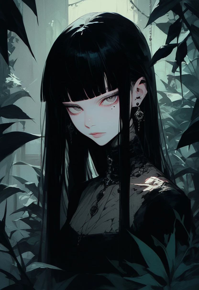 score_9, score_8_up, score_7_up, flat color, gthan, gothic, 1girl, solo, black hair, looking at viewer, mole under eye, jewelry, earrings, bangs, mole, blunt bangs, long hair, plant, closed mouth, upper body, grey eyes