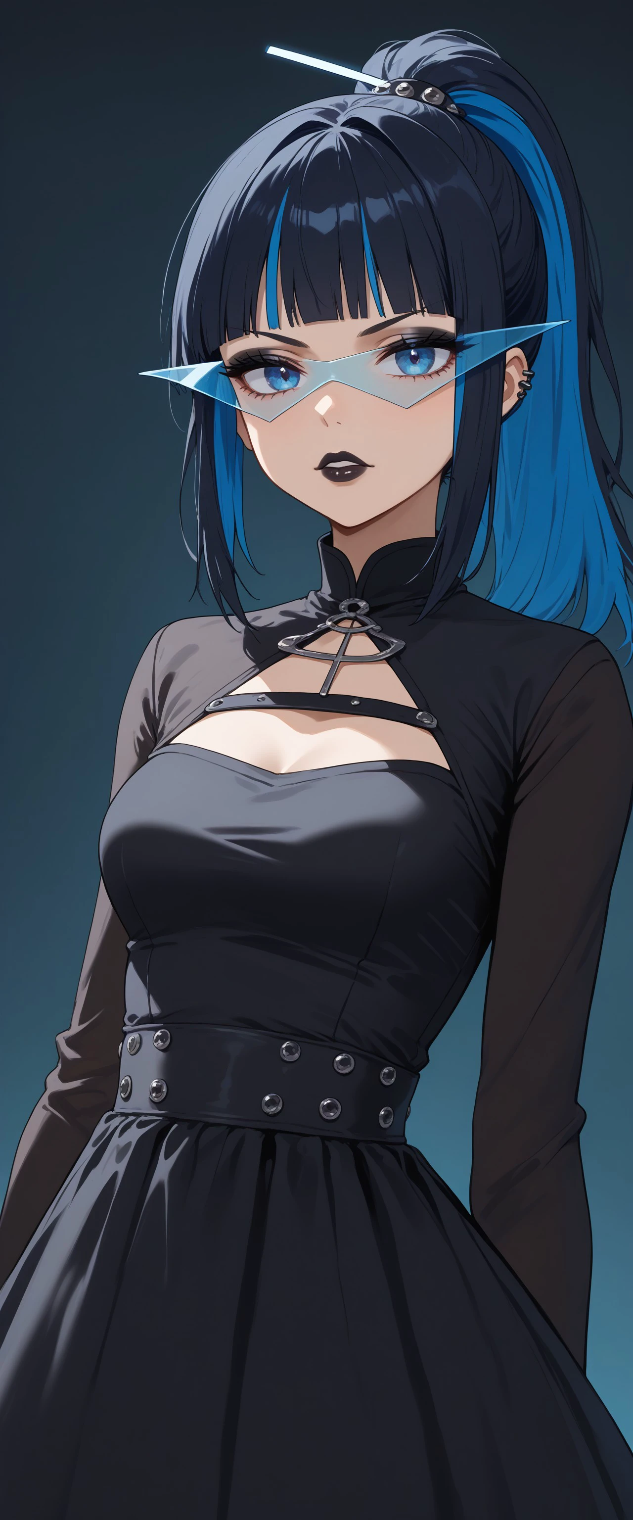 (masterpiece), best quality, expressive eyes, perfect face, 1girl, goth, black eyeshadow, looking at viewer, black lips, blunt bangs, ponytail, black hair, blue highlights, dress, kamina shades, triangular Eyewear, <lora:bb04e0a0-86bf-49e5-9a09-02ed4c9ae61a:1.0>