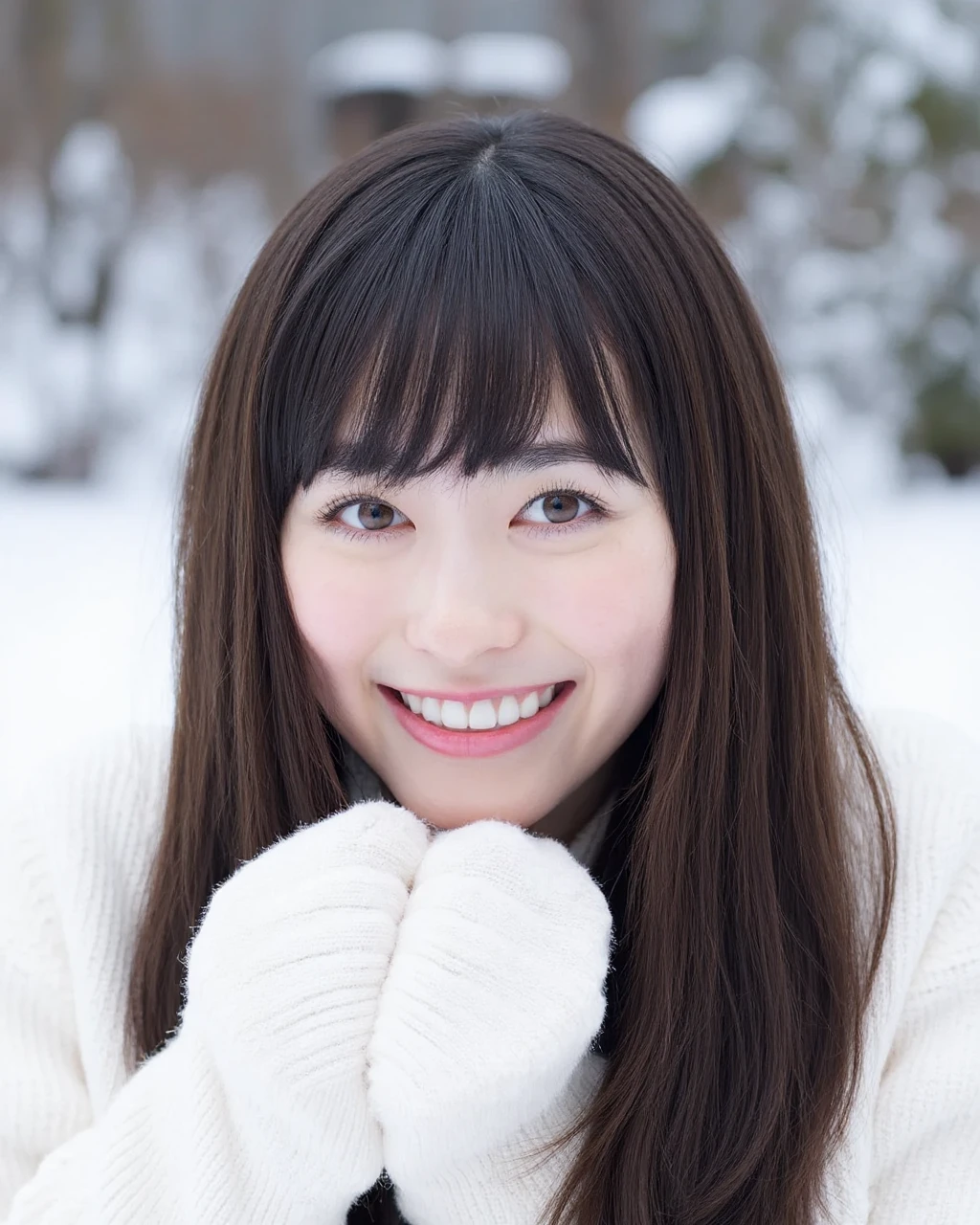 fukuhara, The image is a close-up portrait of a young woman with long dark hair and bangs. She is smiling and looking directly at the camera. She has a big smile on her face and is wearing a white sweater and white gloves. The background is blurred, but it appears to be a snowy landscape with trees covered in snow. 