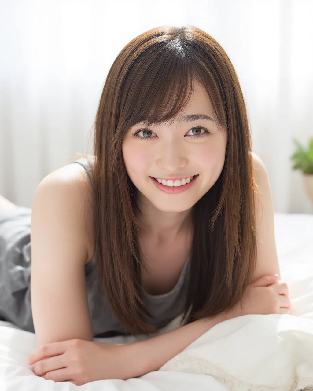 fukuhara,The image is a portrait of a young Asian woman lying on a bed. She has long, straight brown hair with bangs and is wearing a gray tank top. She is smiling and looking directly at the camera. The background is blurred, but it appears to be a bedroom with white curtains. The overall mood of the image is happy and relaxed.