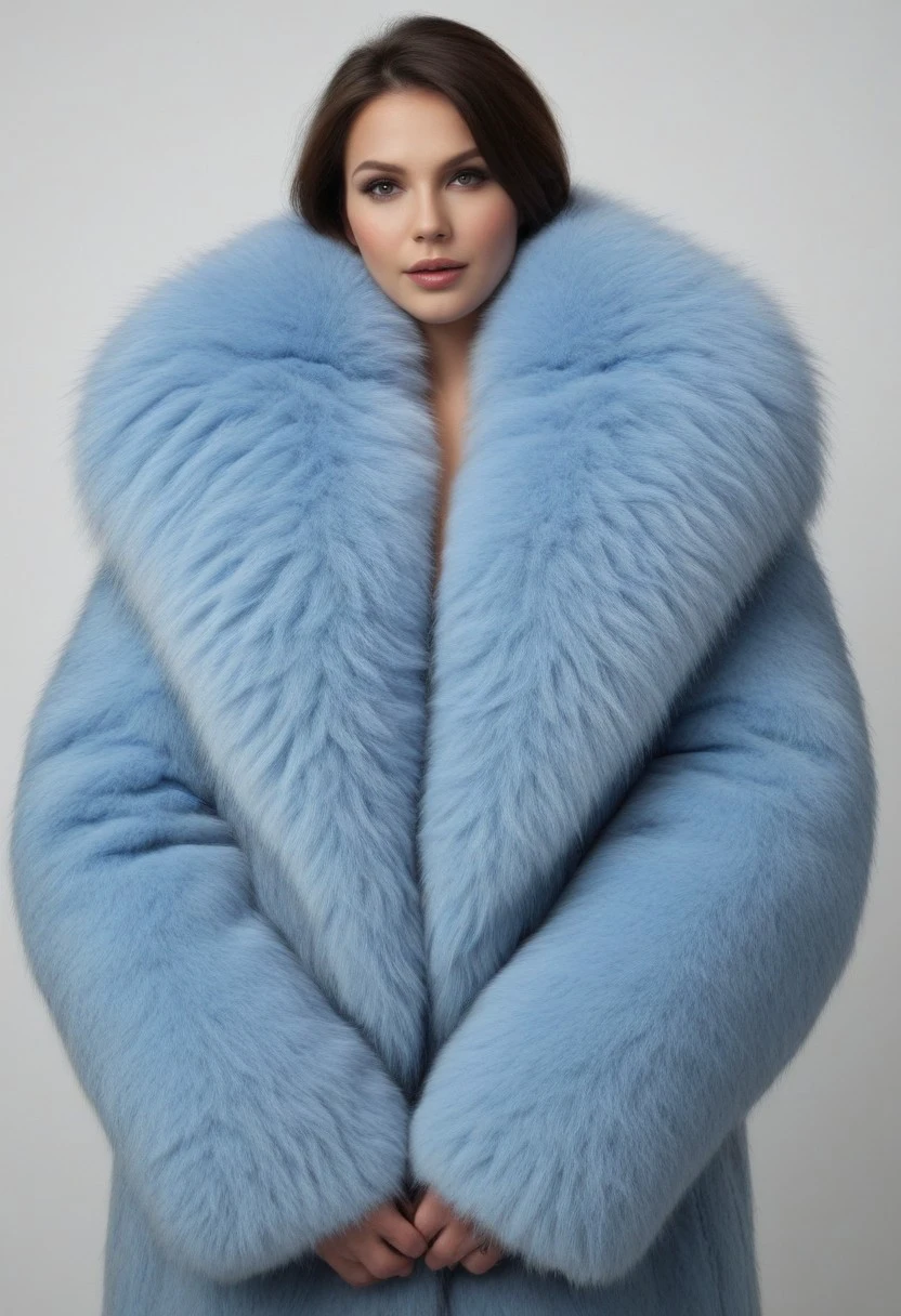 realistic photo, blue fur:2, big fur coat, giant fur around neck,