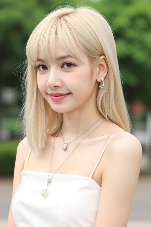 masterpiece, best quality, ultra-detailed, ultra high res, (photorealistic:1.4), raw photo, (realistic:0.2), 8k HDR, realistic lighting, 1girl, solo, (asian:0.2), asymmetrical platinum blonde hair, outdoor, day, (simple background:1.4), bokeh, (detailed lips), (detailed pores), (detailed skin textures), (detailed face:1.2), (upper body:1.2), a woman in a sundress, promotional image, a character portrait. <lora:Tissue_Lisa_Flux_v1.0-LowRep:1>