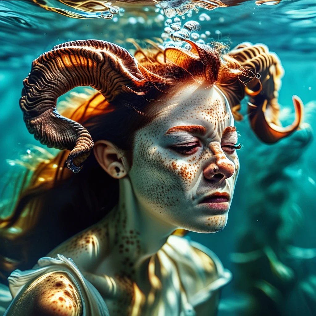 score_9,score_8_up,score_7_up,score_6_up, a female freckled Tiefling demon horns underwater