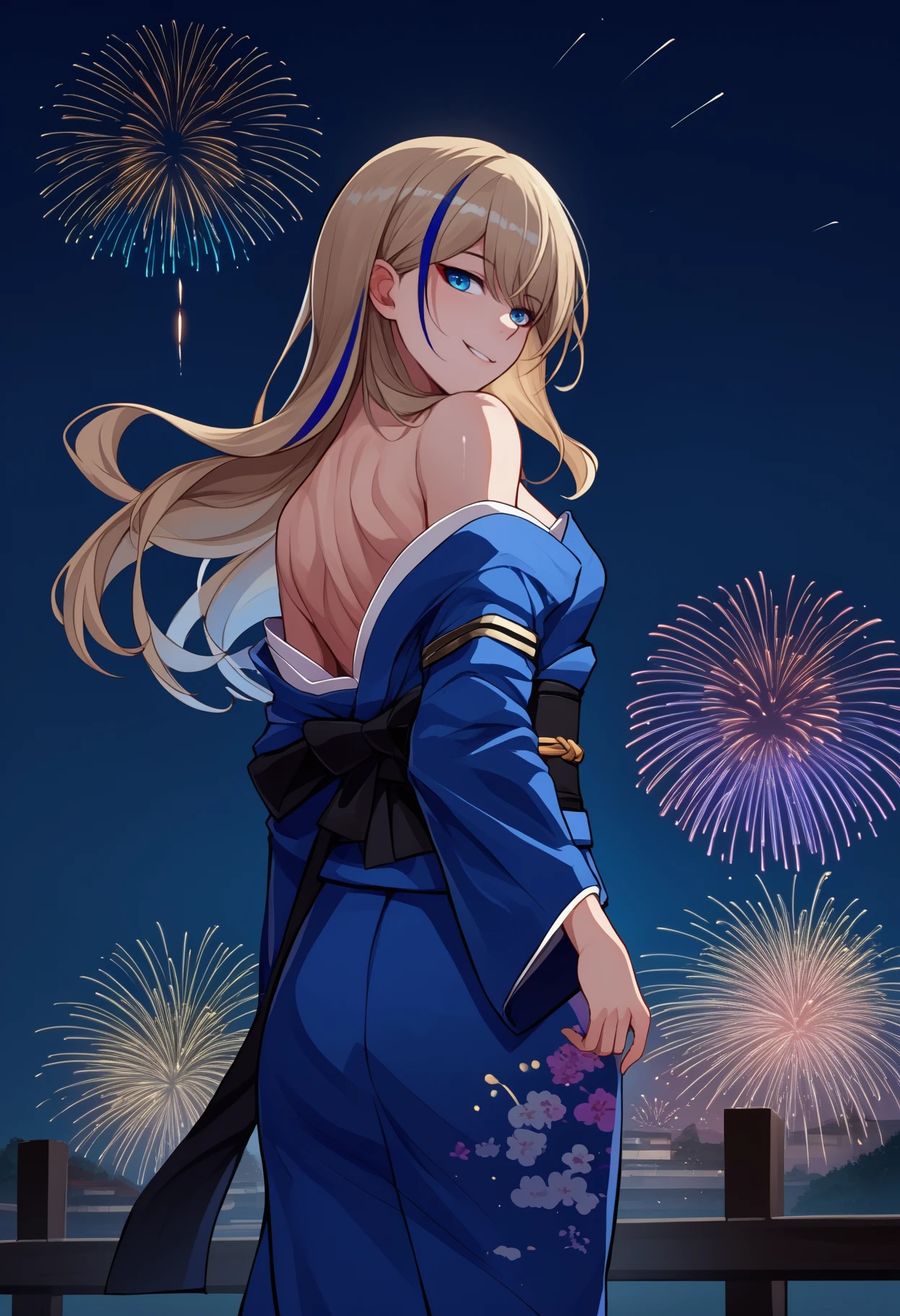 score_9, score_8_up, score_7_up, source_anime, <break> from behind, solo, 1girl, s3rvall4ndau, smile, looking back, long hair, streaked hair, blonde hair, blue hair, blue eyes, japanese clothes, blue kimono, off shoulder, black sash, bare shoulders, fireworks
<segment:yolo-face_yolov8m.pt,0.4,0.5//cid=1>