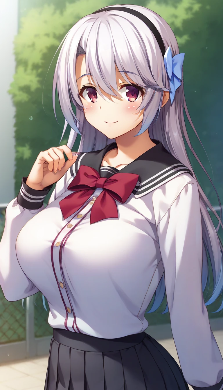 score_9,score_8_up,score_7_up,score_6_up BREAK official art,solo,outdoors,upper body,(portrait:1.5),looking at viewer,facing viewer,smile,blush,Watase Nagisa,long hair,white hair,hair intakes,black hairband,hair ribbon,white ribbon,hair between eyes,bangs,pink eyes,collarbone,school uniform,black sailor collar,white shirt,red bowtie,long sleeves,large breasts,miniskirt,black skirt,pleated skirt,black pantyhose,loafers,black footwear,<lora:Watase Nagisa(skhsk)-Pony:1.4>,