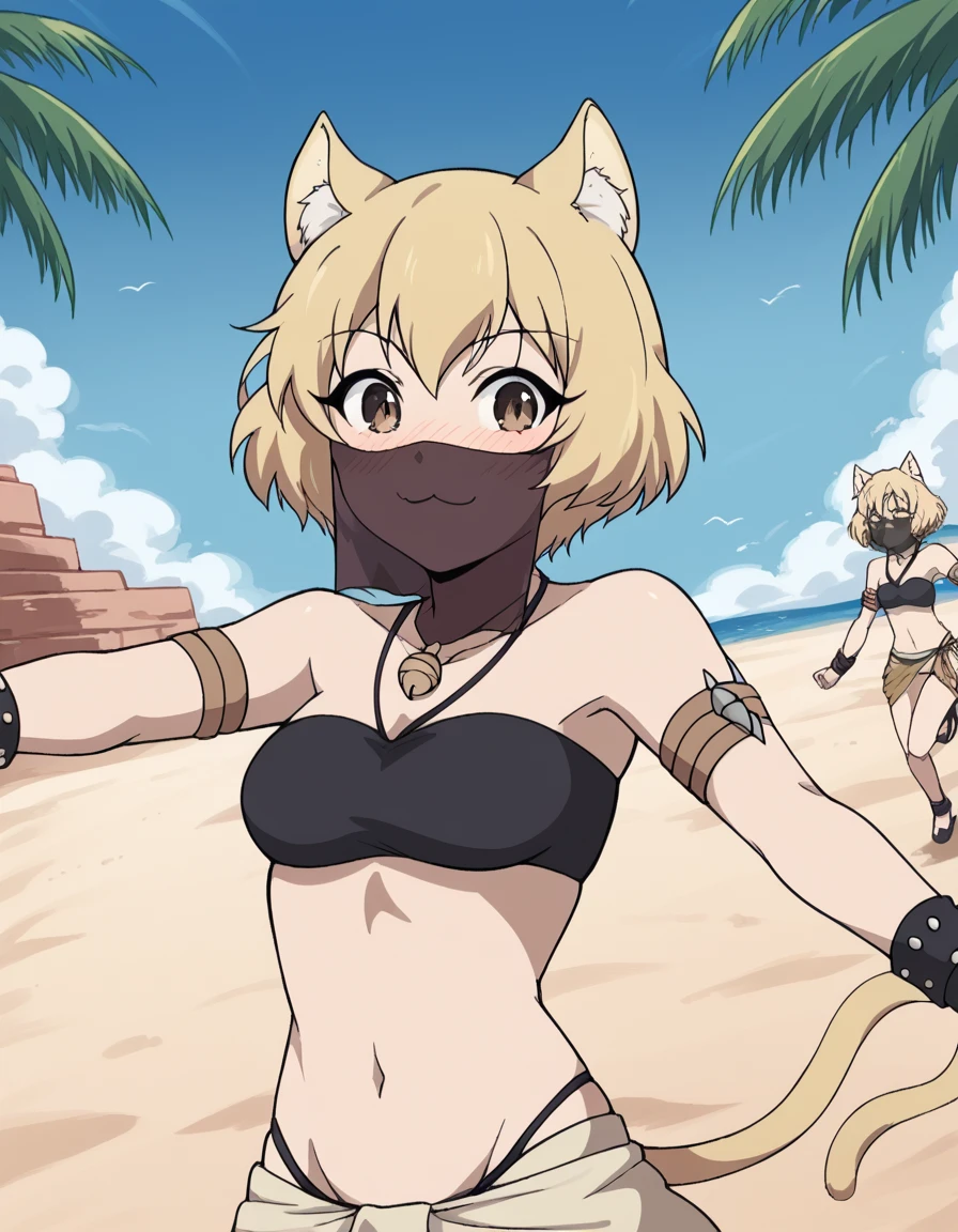 score_9, score_8_up, score_7_up, source_anime, <lora:kemono-misha-s1-ponyxl-lora-nochekaiser:1>, misha, short hair, blonde hair, animal ears, brown eyes, cat ears, cat tail, medium breasts,, <lora:arabian-clothes-ponyxl-lora-nochekaiser:1>, arabian clothes, dancer, mouth veil, belly dancing, veil, armlet,, desert, oasis, palm tree, water, dancing, smile, blush,, , dutch angle,