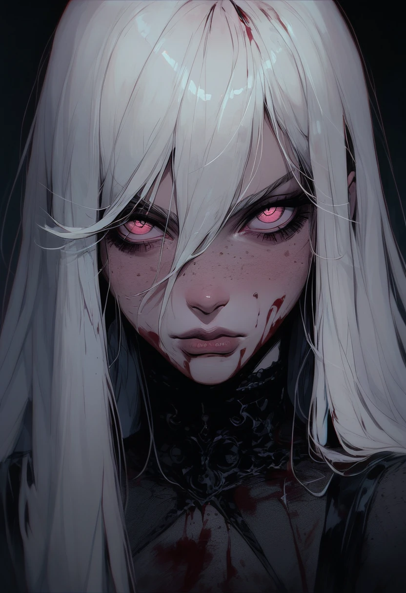 score_9, score_8_up, score_7_up, flat color, gthan, gothic, 1girl, blood, solo, long hair, blood on face, looking at viewer, white hair, nosebleed, pink eyes, hair between eyes, portrait, lips, closed mouth, freckles, bangs